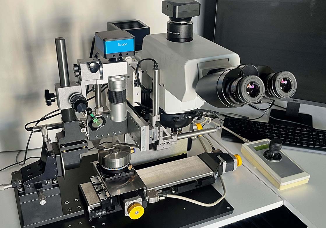 Fiber probe station with Olympus DIC microscope, side-view zoom camera and motorized stage
